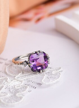 天然紫水晶纯银戒指 活口可调 D163