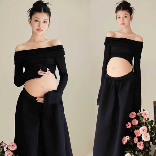 影楼新款孕妇照服装室内简约风高级感孕妈大肚照黑色两件套在家拍