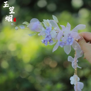汉服发饰女紫色绢花耳环唐朝头花古风头饰女款长流苏后压发夹春款