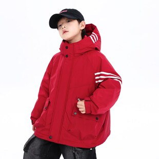 男童冬装红色冲锋衣工装羽绒服2024新款儿童男孩冬季加厚防寒外套