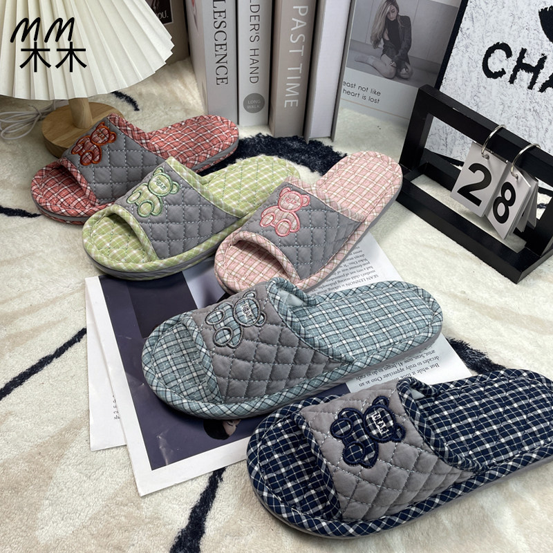 居梦家纯棉布艺情侣拖鞋春秋简约韩版家居地板拖静音防滑加厚软底
