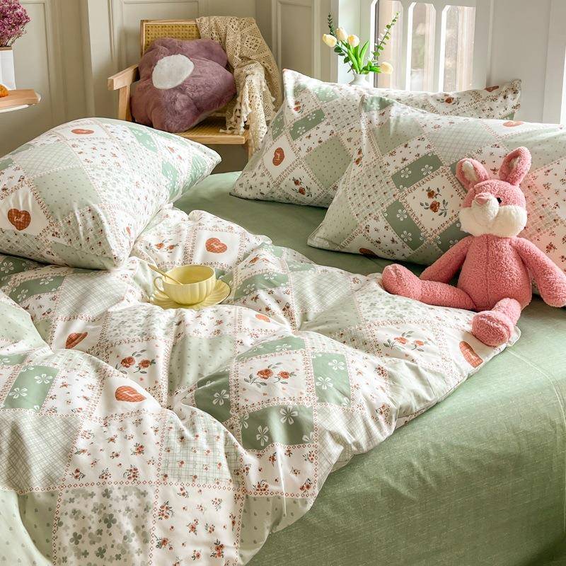 暮雪绿复古风小碎花亲肤四件套纯棉学生宿舍100全棉枕套床单床上