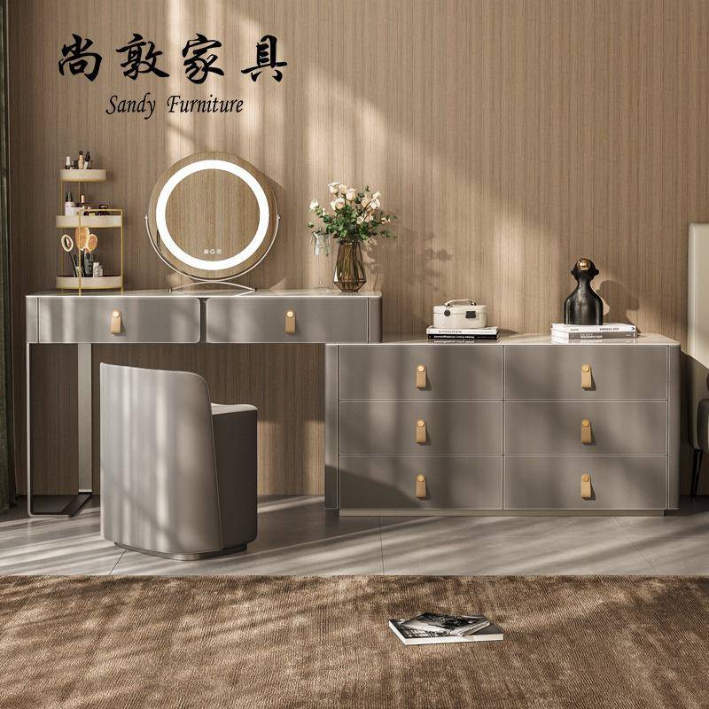 意式实木岩板梳妆台卧室现代简约可伸缩网红化妆柜斗柜一体化妆桌