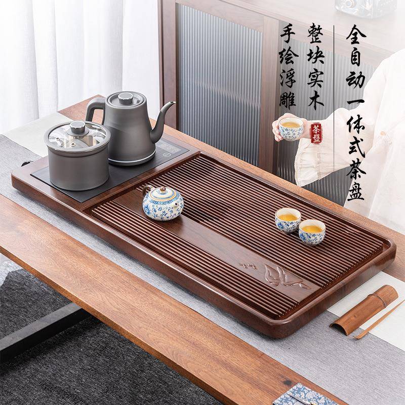 茶盘家用办公室浮雕一体式排水泡茶托盘轻奢高档茶台套装2024新款
