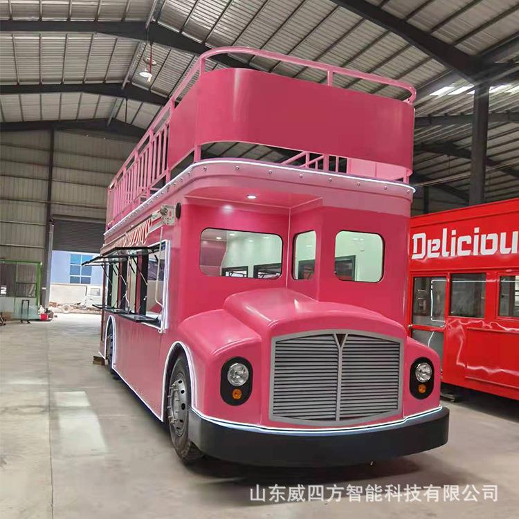 移动式电动复古餐车不锈钢合金露营房车双层巴士模型大售卖店车