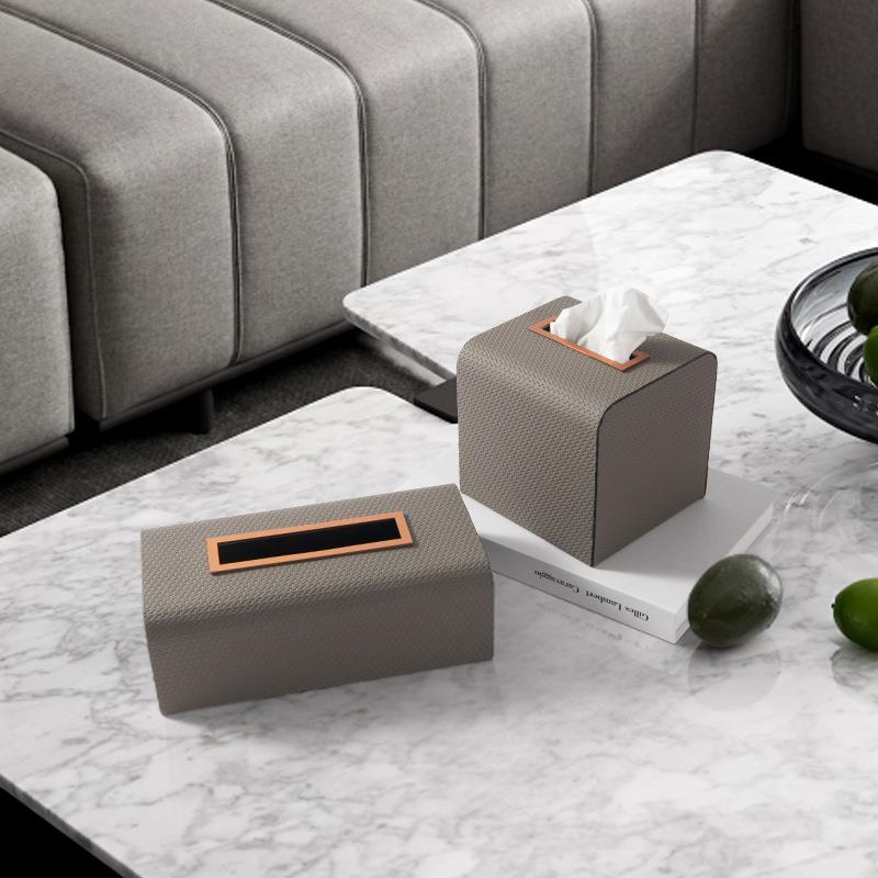 【折扣价】简约现代皮革木质纸巾盒样板房餐厅桌面米咖色长方形抽