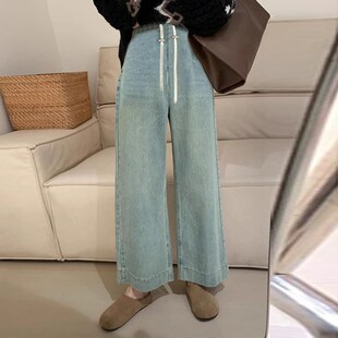 孕妇裤子夏季薄款外穿无托腹牛仔裤宽松时尚阔腿九分裤抽绳直筒裤