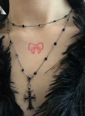 暗黑锆石十字架镶钻串珠项链女长款双层叠戴小众毛衣链辣妹锁骨链