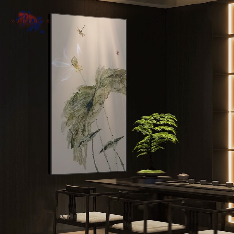 新中式荷花禅意酒店客厅餐厅现代民宿入户玄关竖版壁饰竖版装饰画图片