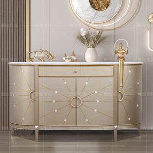 美式轻奢入户实木半圆餐边柜门厅鞋柜现代简约大理石玄关柜