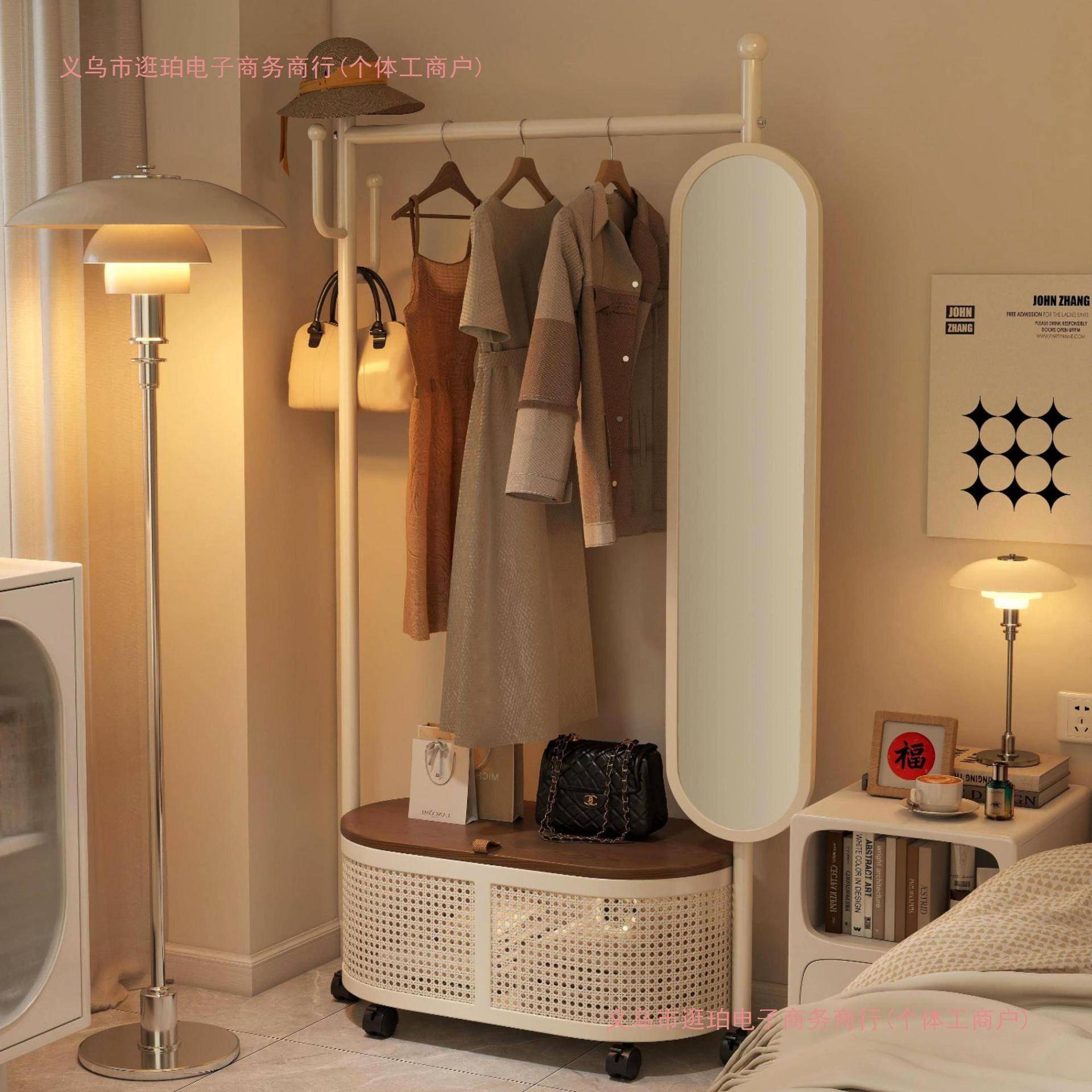 可移动挂衣架带镜子卧室落地式全身镜一体衣帽架试衣镜子置物架子