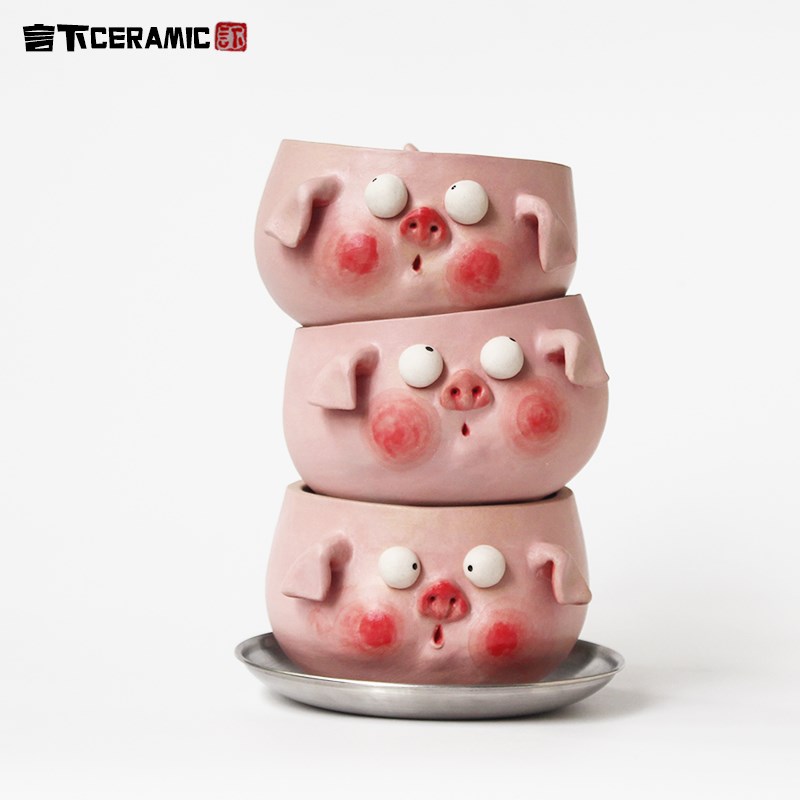 言下新款多肉花盆粉猪可爱动物块根绿植透气手工陶瓷花器陶盆桌面