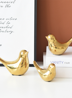 现轻奢简约客厅玄关书架陶瓷金色小鸟软装饰品创意摆件