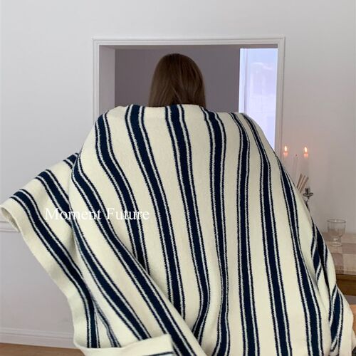 oen Fu房毛毯e沙发盖毯藏青瑟条纹款四约复古毯子简季