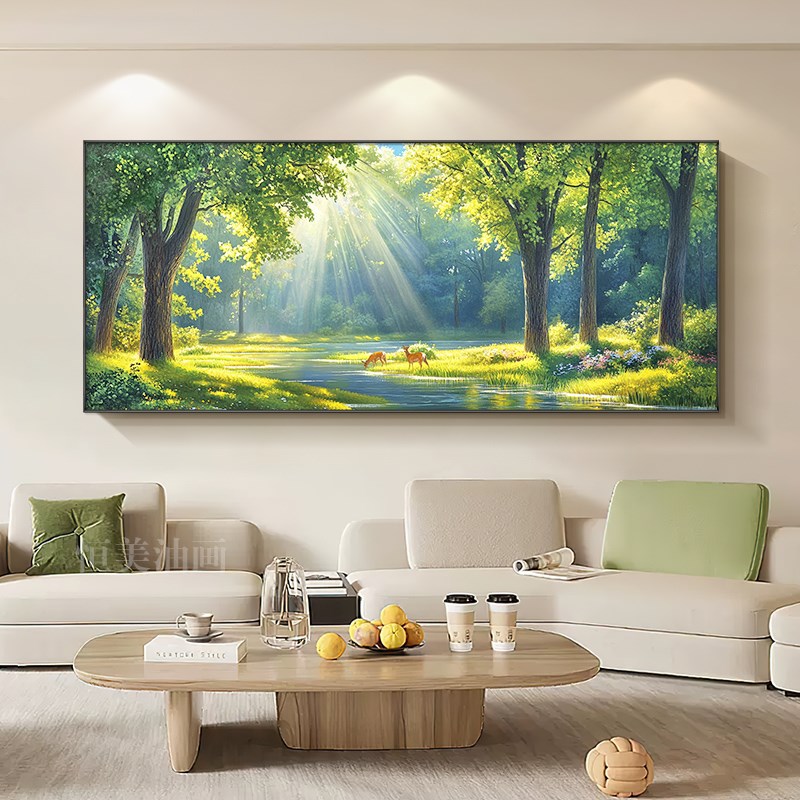 2025装饰画新款客厅油画树林挂画背景墙沙发小鹿风景壁画家居装饰图片