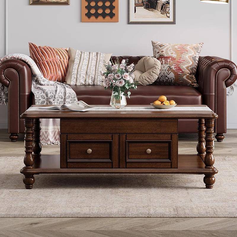 【折扣价】美式乡村实木茶几客厅家用带抽屉长方形桌子果盘桌小户