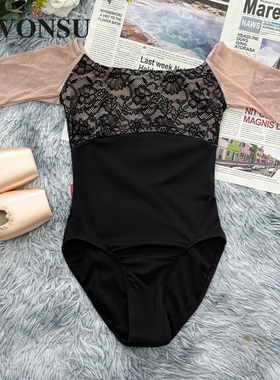 VONSU梵舒芭蕾舞体服练功服女芭蕾连体服黑色短袖蕾丝体操服B6540