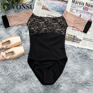 VONSU梵舒芭蕾舞体服练功服女芭蕾连体服黑色短袖 蕾丝体操服B6540