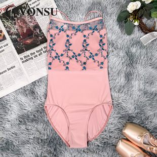 VONSU芭蕾舞练功服女舞蹈生艺考吊带高胯刺绣网纱形体连体体操服