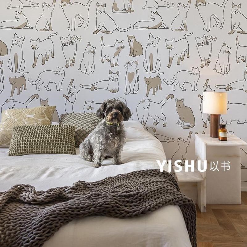 现代简约客厅电视背景墙壁纸墙布猫咪主卧床头墙定W制壁画玄关壁