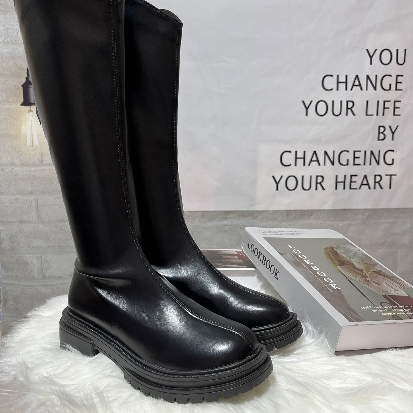 JOY不过膝厚底长筒靴女瘦瘦靴