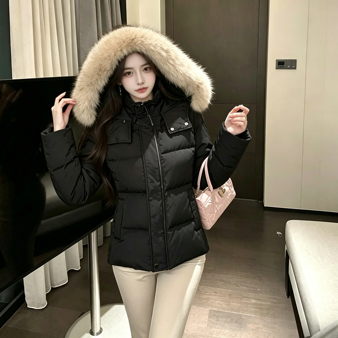 YanHe黑色羽绒服女冬季2026年新款短款小个子外套连帽时尚大毛领