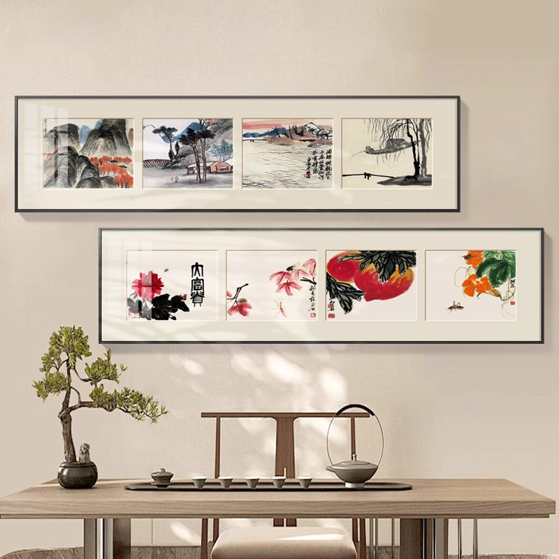 齐白石装饰画新中式茶室背景墙挂画禅意荷花竹影画水果画客厅壁画图片