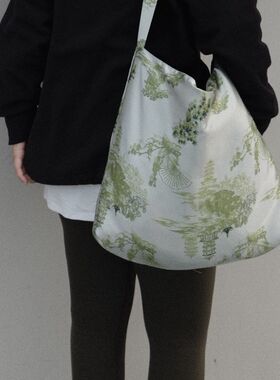 魚家好手感双面背黑色浅绿色拼新中式提花斜挎单肩容量大女士包袋