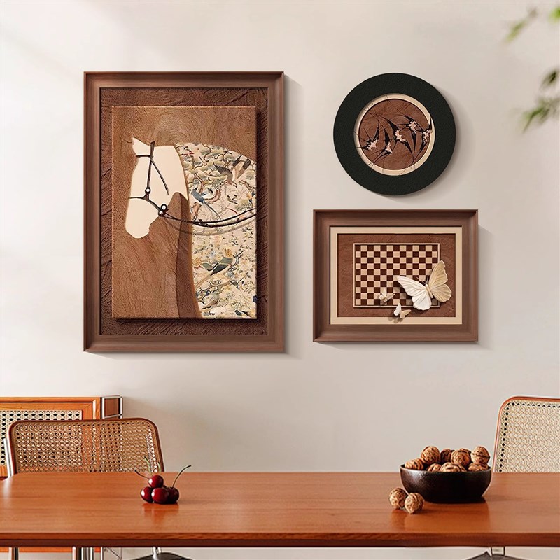 中古餐厅挂画立体砂岩客厅玄关装饰画大象马画法式复古壁画高级感图片