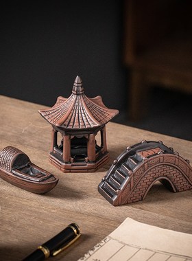 古风陶瓷六角小亭子古桥小船微景观小摆件盆栽造景假山鱼缸装饰品