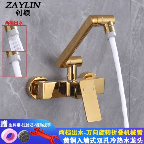 金色厨房水槽洗菜盆万向可折叠机械臂阳台洗衣池入墙式冷热水龙头