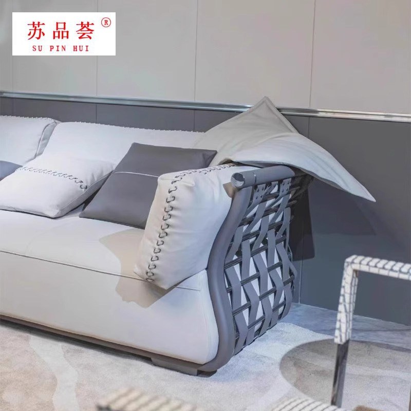 意式轻奢真皮沙发大平层豪华别墅大户型现代简约奢华高端编织沙发