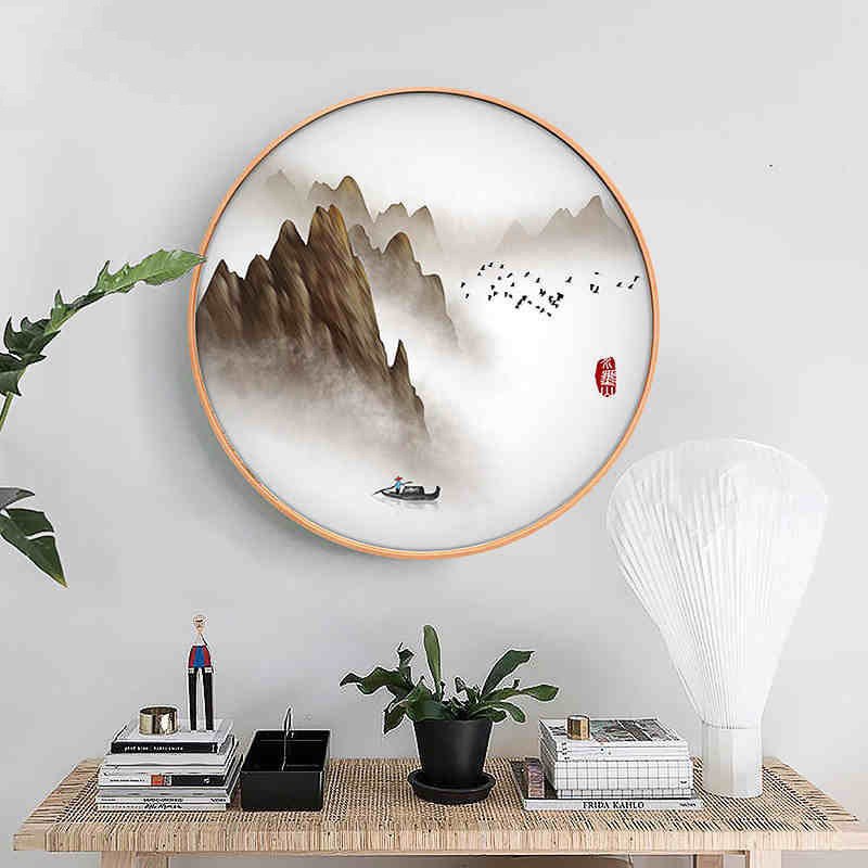 高端新中式苏绣玄关装饰画圆形刺绣挂画过道背景墙高级成品画框图片