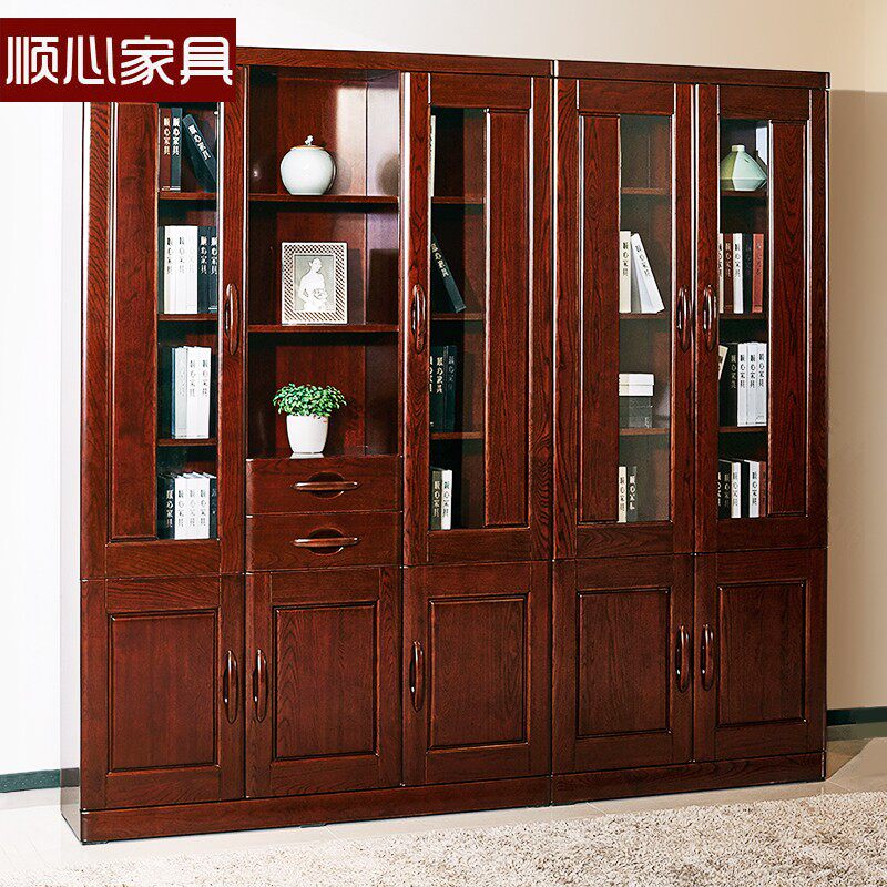 实木书门带门防尘家用款中式落地式两书柜柜储物柜一体款靠墙