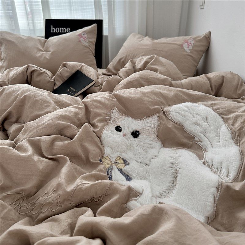 ns侘寂少女立体猫咪贴布绣软糯水洗棉纯色学生,床上用品,床品套件/四件套/多件套,淘宝优惠券,粉丝福利购,淘宝优惠卷