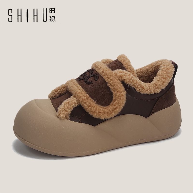时狐大头面包冬季加绒羊羔毛鞋外穿棉鞋懒人魔术贴板鞋女25年新款