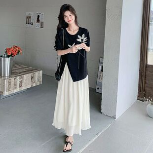 小众不撞款穿搭短袖T恤半身裙套装女夏绝美遮肚子显瘦长裙两件套