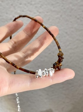 天然石手工串珠项链不规则虎眼石拼接颈链高级感设计碎银锁骨链女