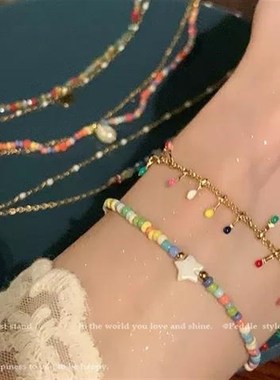 双层彩色米珠串珠手链女生轻奢小众设计精致情侣闺蜜手串可爱手饰