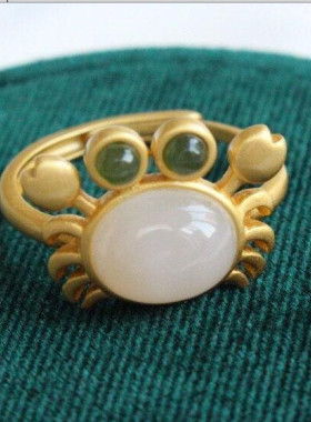 新款 古法金白玉时尚优雅气质女士螃蟹可开口可调节指环饰品