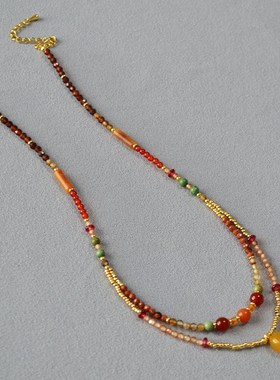 秋冬新款小众设计国潮新中式美拉德复古文艺真石串珠双层叠戴项链