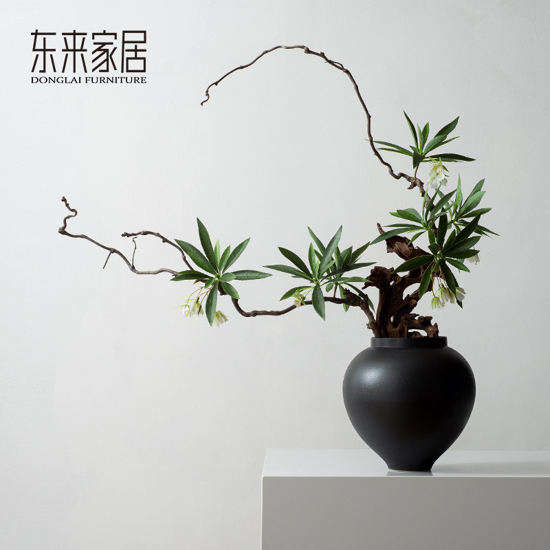 中式仿真盆景植物会所茶室案店餐厅酒几摆花枝植枯绿花艺摆件