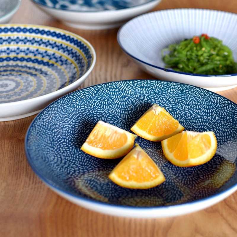 Dinner plate釉下彩印花盘子家用陶瓷手绘描边菜盘餐盘汤盘拍照盘