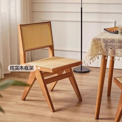 餐椅家用2025新款中古藤编靠背椅创意复古茶椅餐厅餐桌椅实木椅子