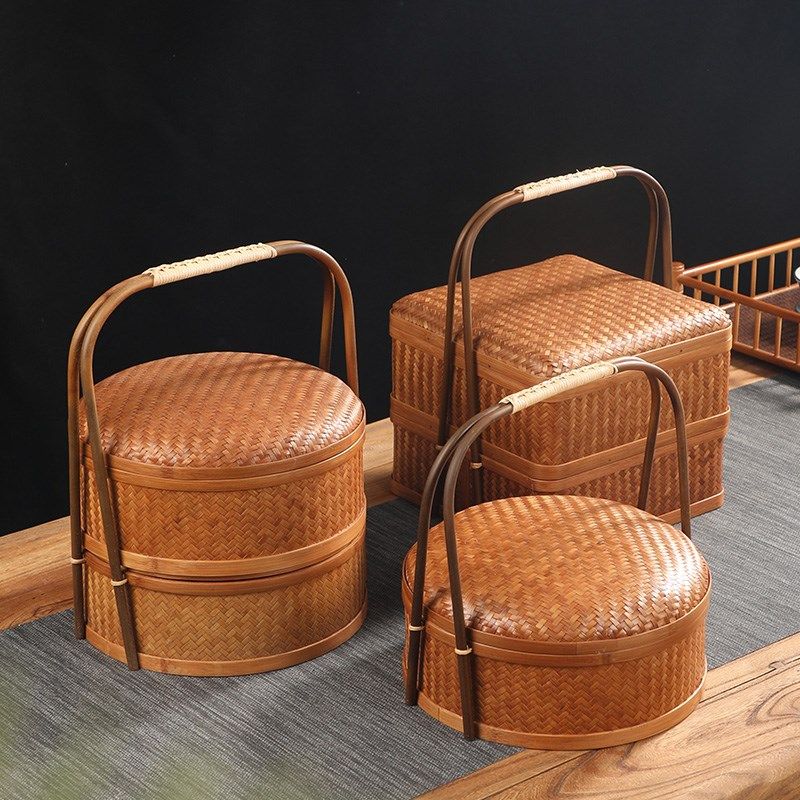 手工大漆提篮双层食盒圆形带盖点心篮普洱茶饼收纳篮月饼