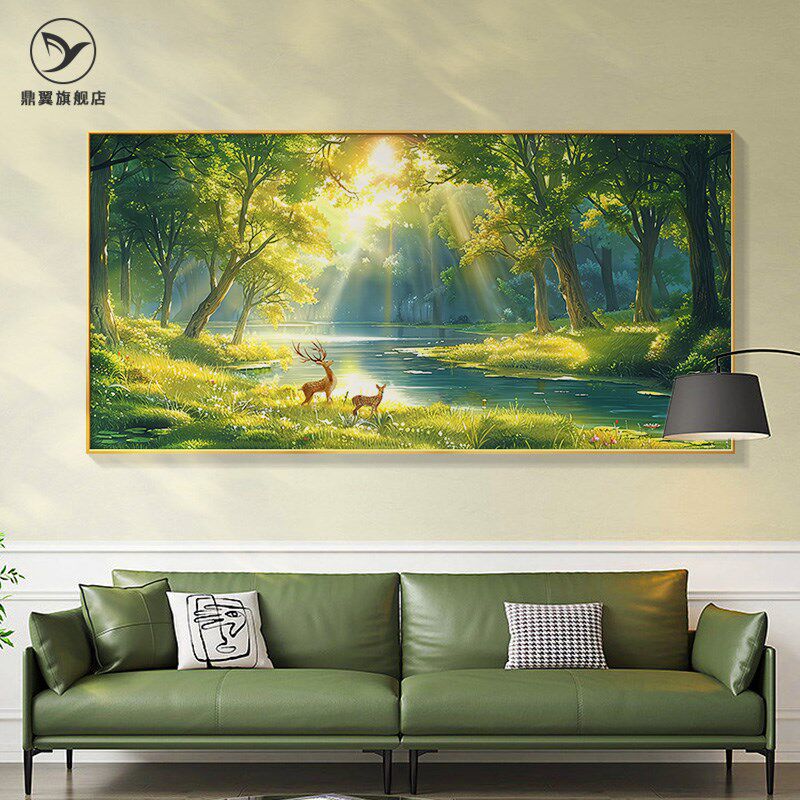 黄金树林绿色风景装饰厅客油沙发背景墙挂画手绘画画5新款壁画
