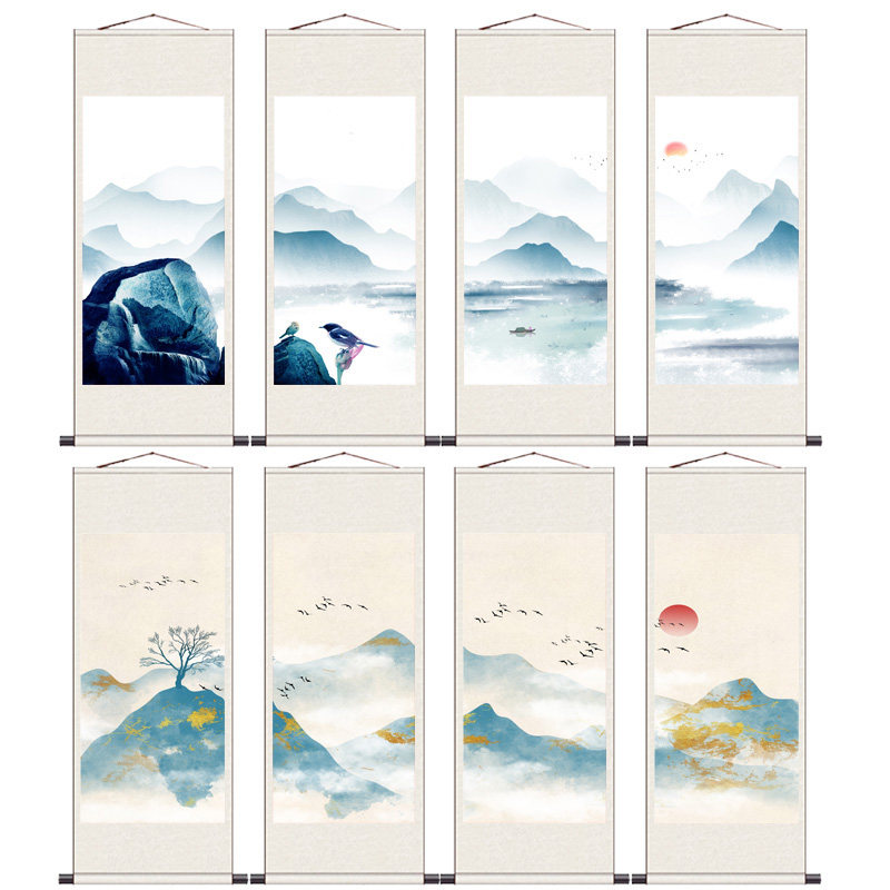 水水山墨四条屏家居茶楼书房饰装画挂画国画花鸟卷轴梅兰竹菊