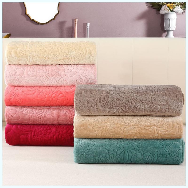 秋冬夹棉保暖加厚毛毯床盖家用单被纯色法兰绒毯涤纶