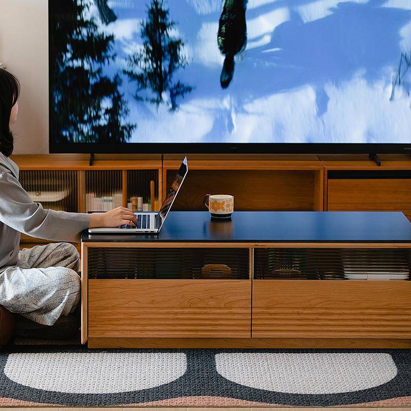 木L留岩茶几客厅实木落地茶桌樱桃木日式家用岩板小茶台餐桌两用