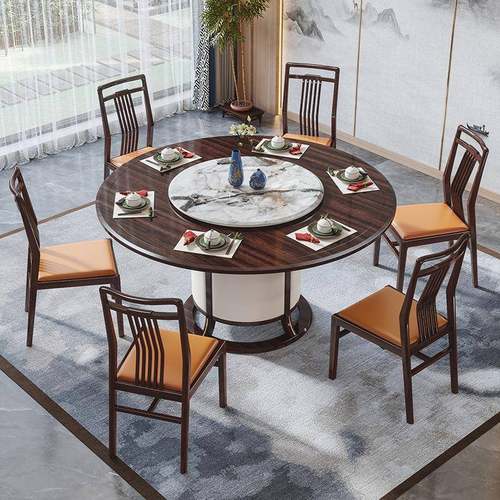 新中式乌金木实木餐桌圆形餐桌椅组合带转盘家用大小户型吃饭桌子
